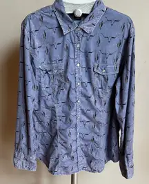 Rock & Roll Cowgirl Blue Cactus and steer Print Shirt with pearl snaps