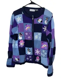 B.P. Design Womens L Ugly Christmas Snowman Snowflake‎ Sweater Knit Cardigan