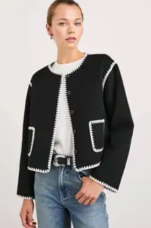 Rails Melanie Crewneck Whipstitch Wool Blend Cardigan Jacket in Black NEW