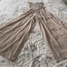 Alythea cream tan wide leg pleated top sheer jumpsuit, size S party event boho