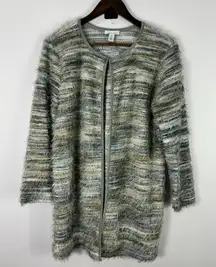 Calvin‎ Klein Cardigan M Fuzzy Eyelash Knit Coatigan Gray Boho Chic Quiet Luxury