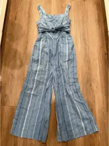 Anthropologie Striped Wide Leg Jumpsuit Tie Front Sleeveless Blue Boho Chic