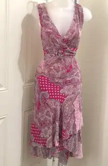 90s/2000s Y2K Pink grey paisley polka dot patchwork dress asymetric ruffle handkerchief hem