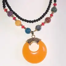 Black Glass Beaded Huge Yellow Pendant Boho Necklace Earrings Set