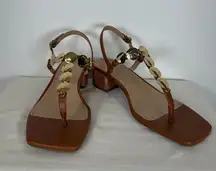 New! Marc Fisher ‘Caylie’ Brown Sandal Coin-Chain T-Strap Women’s Size 9.5M