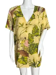 Vintage Borcellini Shirt Womens 14 Tunic‎ Top Yellow Jungle Tiger Print Bold Fun