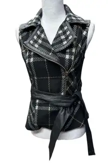 CABI #517 Wool Blend Grid Moto Plaid Faux Leather Belted‎ Vest~Size XS