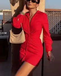 NEW ZARA LINEN BUTTON DOWN SHIRT DRESS‎ WITH RUCHIN SIZE XL