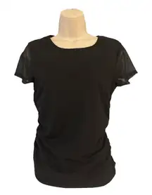 Just Be Women’s Short Sleeve Black Mesh Ruched Top Stretchy Size Medium