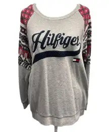 Tommy Hilfiger Gray Crewneck Sweatshirt Red Print Sleeves Navy Stitched Logo