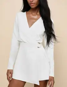 Lulus White Rooftop Bar Long Sleeve Wrap Mini Skort Romper Belted V Neck Bridal