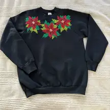 Vintage Crewneck Christmas Poinsettia Sequin Sweatshirt Black Size L