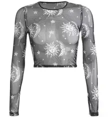 Women Mesh Long Sleeve See Through Top