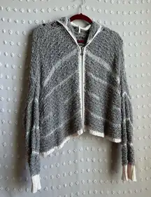 Free People Open Knit Lace Detail Cropped Zip Up Sweater Sz L Grey Cream