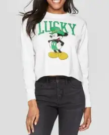 Disney  Size L Women's White Mickey Mouse Lucky Cropped Long Sleeve T-Shirt Tee