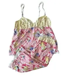 Eloise Floral Pajama Set Lace Trimmed Top = Large  Bottoms = M Yellow Pink Cotto