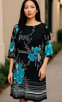 Studio One‎ Womens Dress Size Small Black Aqua Floral Print NEW