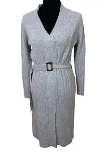 Belted ribbed knit long sleeve sweater dress