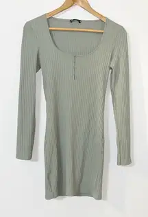 Zara light green ribbed faux button long sleeve scoop neck mini dress