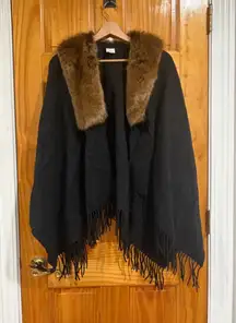J.Crew Wool Blend Faux Fur Collar Fringe Poncho Cape Wrap Shawl Black One Size