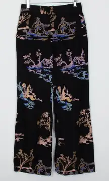 Zara Black Oriental Embroidered High Waist Wide Leg Trouser Pants Womens Size XS
