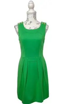 Trina Turk Green Gold Buttons Lined Detailed Stitching Sheath Dress