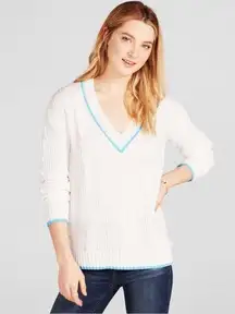 Prince & Fox Knit V-Neck Cable Knit Sweater White w/Blue Trim, Size S New w/Tag