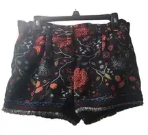 Ann Taylor‎ LOFT Floral Print Shorts Fringed Hem Boho Casual Black S