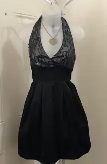 90s/2000s Y2K Vintage halter sequin lace mesh formal mini fit flare v-neck corset waist dress #gothic #whimsygoth #sleeveless #strapless #prom Made in USA