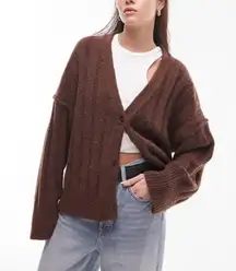 Topshop Brown Knitted Fluffy Vneck Wide Rib Cardigan M/L