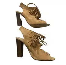 Club Monaco Suede Lace Up Open Toe Block Heel Shoes Tan IT 38.5