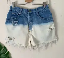 Bonjour Retro High Waisted Frayed Hem Jean Shorts Dip Dye Denim Size 27