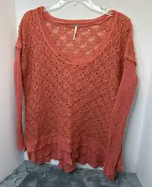 Free People Windows To My Soul Open Knit Ruffle Hem Crochet Sweater Sz S Boho