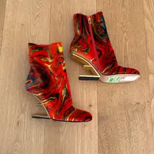 Fendi Ankle Boots Velvet Marble Size EU38 Red Lime Gold Blue