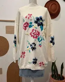 Vintage Floral Embroidered Cotton Knit Oversized Long Granny Cottage Sweater