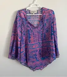 Rory Beca Blue Pink Silky Flowy Sleeve Blouse Medium