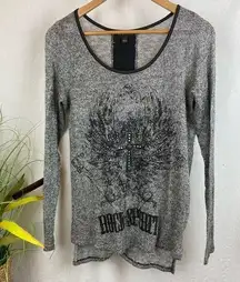 Rock & Republic  Gray & Black Graphic Cross Print Knit Long Sleeve Tee T Shirt M