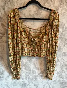 Urban‎ Outfitters Tie Front Top Smocked Long Sleeve Crop Blouse Bohemian L