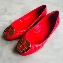Tory Burch QUINN Ballet Flat 7.5 Quilted Carnival Red Coral Gold Leather w/bag
