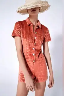 ALEXIS Pennie Velour Romper in Coral Orange Button-Up Romper Size Small