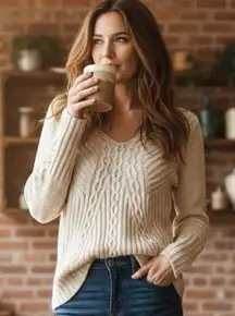 Anthropologie Far Away From Close Revelry Sweater Oatmeal Cable Knit Large