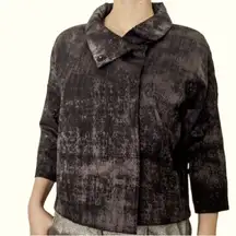 Eileen Fisher Boxy Short Jacket PM Stand Up Collar 3/4 Sleeve Gray Sheen Print