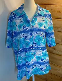 Tan Jay Hawaiian shirt.  Size 10.  Tropical island.  Mixture of blues colors.