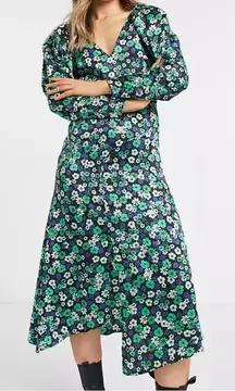Topshop satin floral print midi dress‎ in green, Size 14