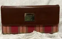 Longaberger Homestead Brown Leather Wallet with a Red Plaid Flap snap closure