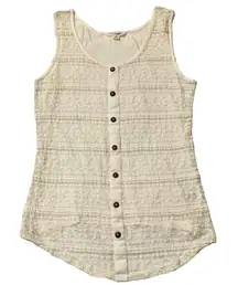 Zenana Outfitters Lace Mesh Sheer Faux Button Off White Tank Top