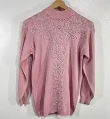 Vintage.Jaclyn Smith Embellished Sweater Mock Neck Pink Knit Pullover Size Small