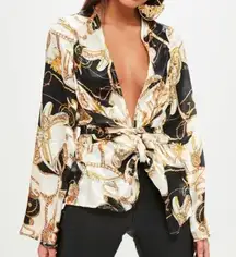 NWT Missguided Womens Satin Chain Print Wrap Top Blouse 6 Baroque NEW