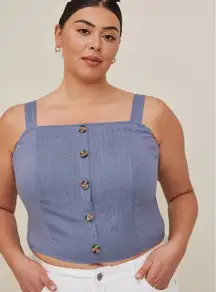 Torrid Womens Tank Top Sz 3 3X 22 24 Blue Linen Button Front Crop Length Buttons