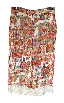 Zara Women's Floral Wide-Leg Cropped Pants Lace Trim Multicolor Size L Boho